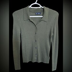 GAP Cash Soft Ribbed XS Petite Green Sweater Cardigan Button up Collared
